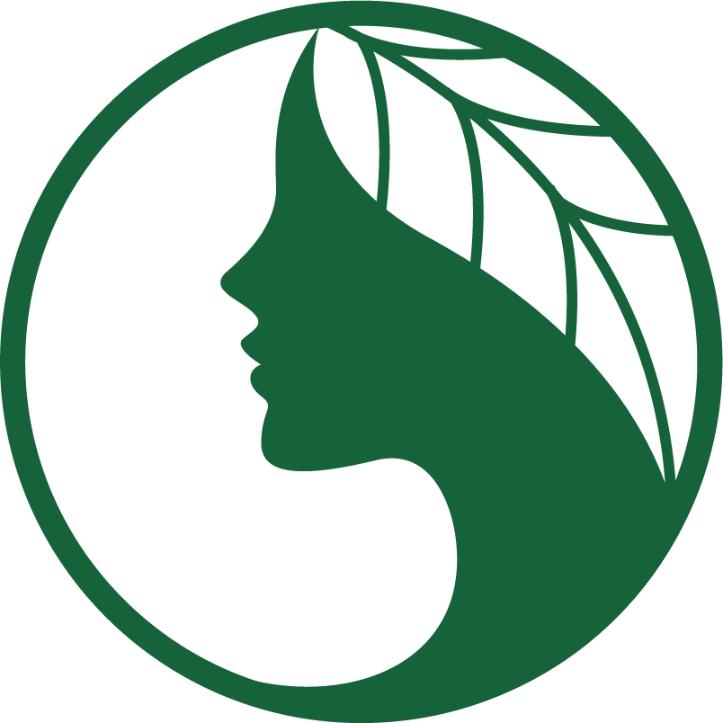 grünes-logo-mit-seitenprofil-eines-frauengesichts-das-in-eine-blattform-mit-ästchen-integriert-ist-und-von-einem-kreis-umrahmt-wird-um-clean-beauty-zu-repräsentieren