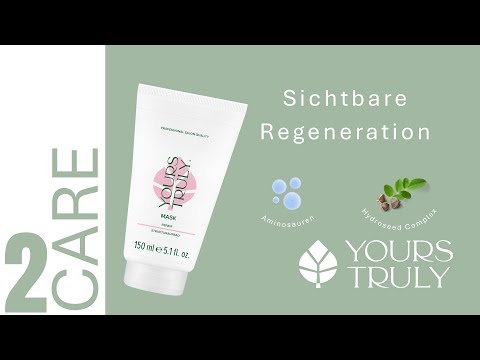 weiße-tube-yours-truly-hair-mask-repair-mit-aufdruck-strukturaufbau-daneben-text-sichtbare-regeneration-und-abbildungen-von-aminosäuren-und-pflanzensamen-verlinkung-zu-youtube-video
