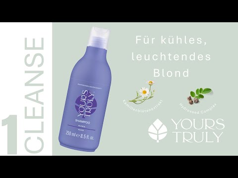 violette-flasche-yours-truly-shampoo-blond-mit-aufdruck-professional-salon-quality-daneben-text-für-kühles-leuchtendes-blond-und-abbildungen-von-kamillenblütenextrakt-und-pflanzensamen-verlinkung-zu-youtube-video