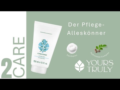 weiße-tube-yours-truly-conditioner-alle-haartypen-daneben-text-der-pflege-alleskönner-und-abbildungen-von-panthenol-und-pflanzensamen-verlinkung-zu-youtube-video
